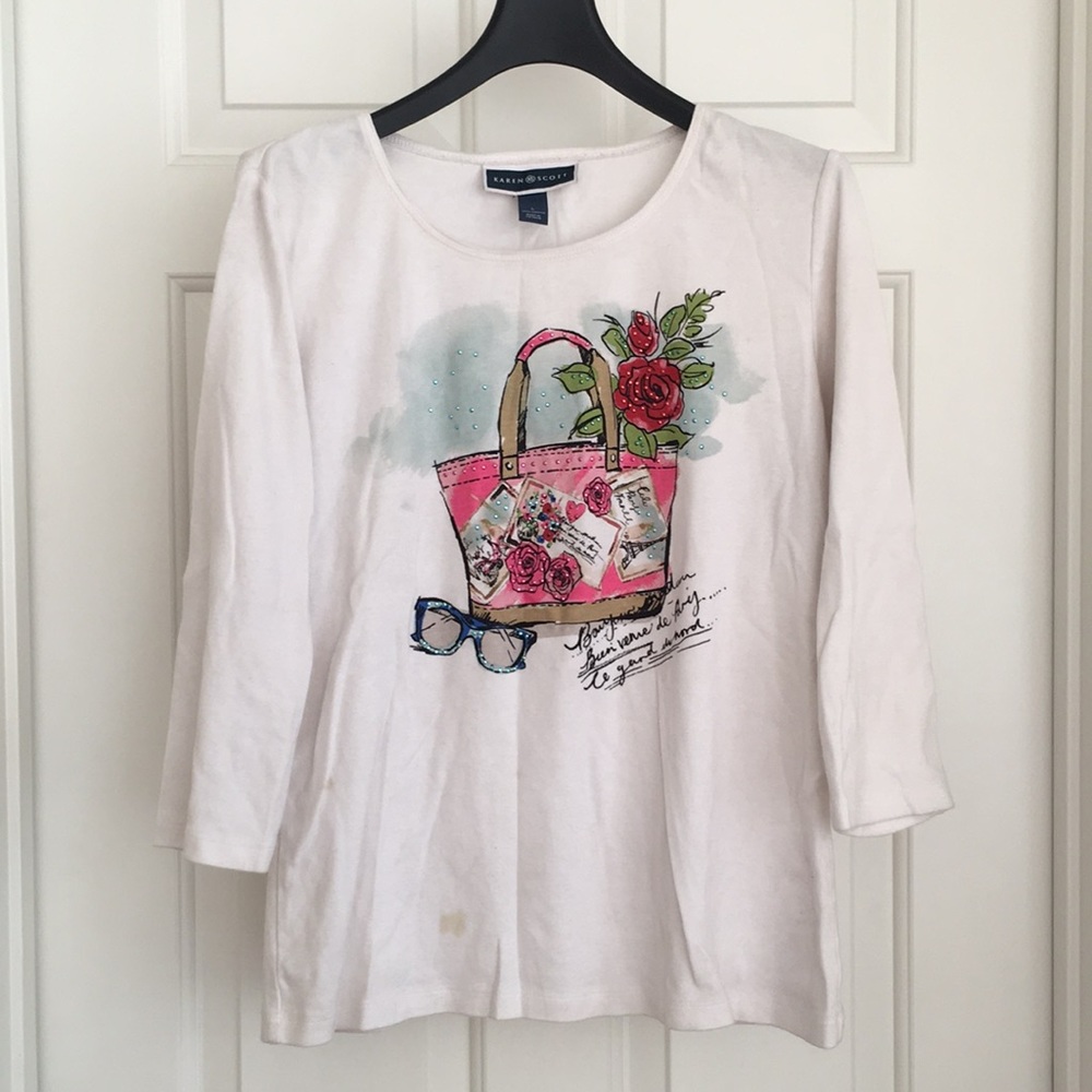Karen Scott Top Large White Graphic Tee 3/4 Sleeves